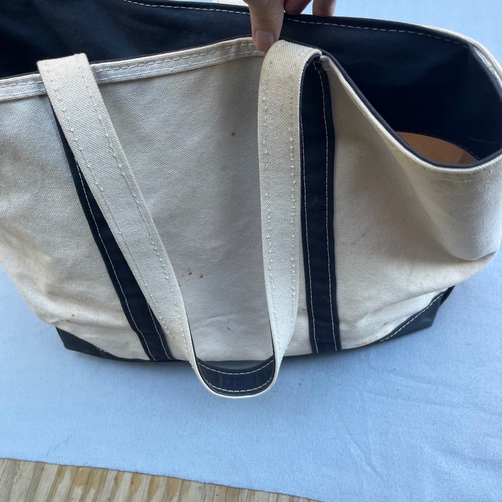 LL Bean Boat and Tote Zip Top Canvas Bag Black Cream Made in USA IKO Large